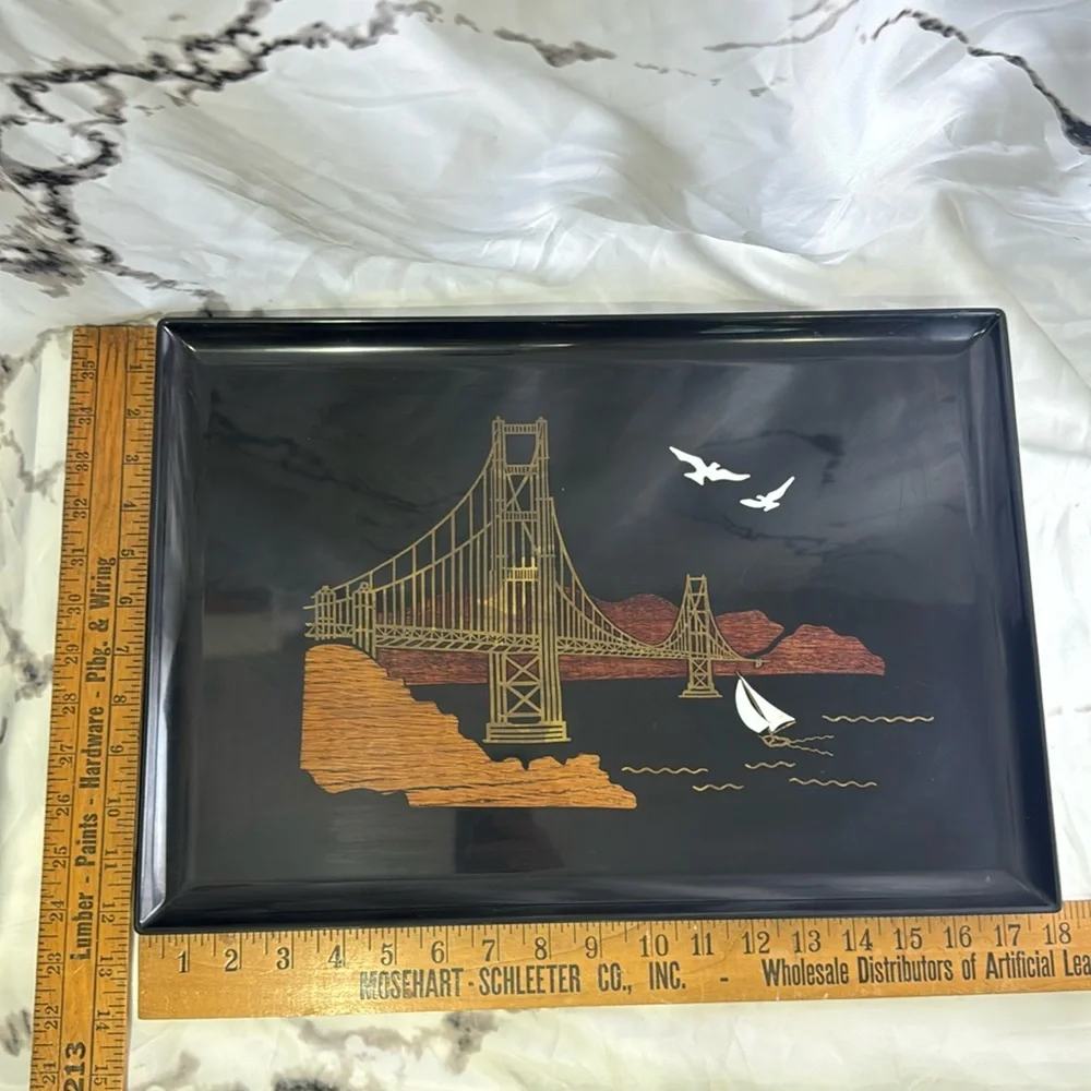 Couroc Golden Gate Bridge Tray MCM Black Lacquer Gloss Inlayed Wood and Metal